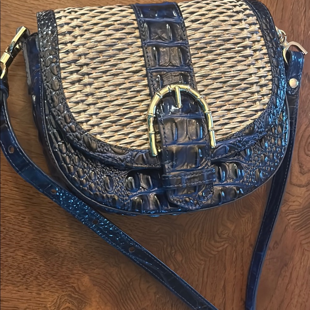 Elegant Blue and Tan Woven Crossbody Bag